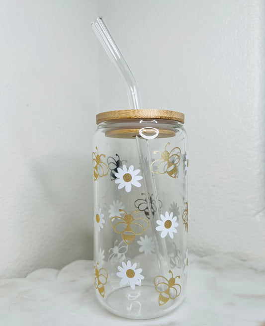 16 oz. Bees With Flowers Glass Cup Set