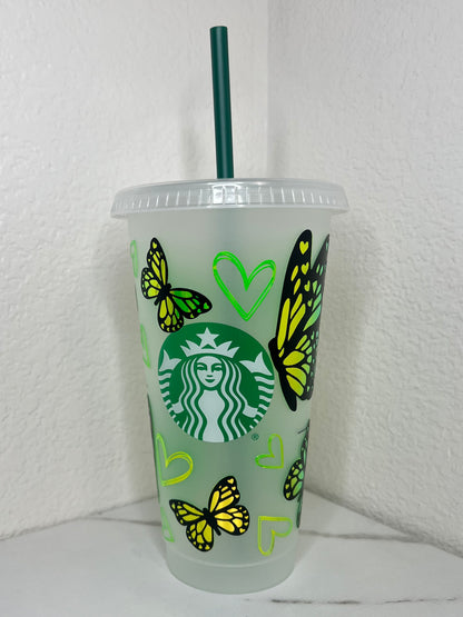 24 oz. Yellow Holographic Butterflies With Hearts Plastic Cup Set