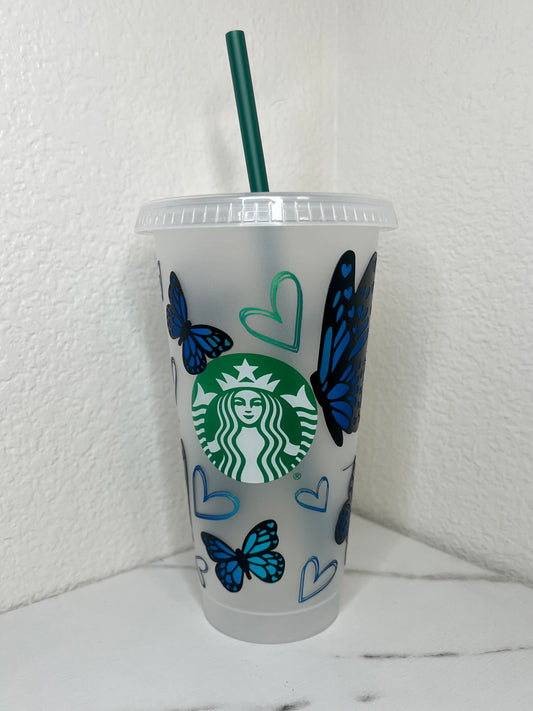 24 oz. Blue Matte Opal Butterflies With Hearts Plastic Cup Set