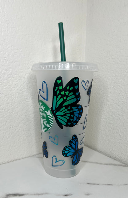 24 oz. Blue Matte Opal Butterflies With Hearts Plastic Cup Set