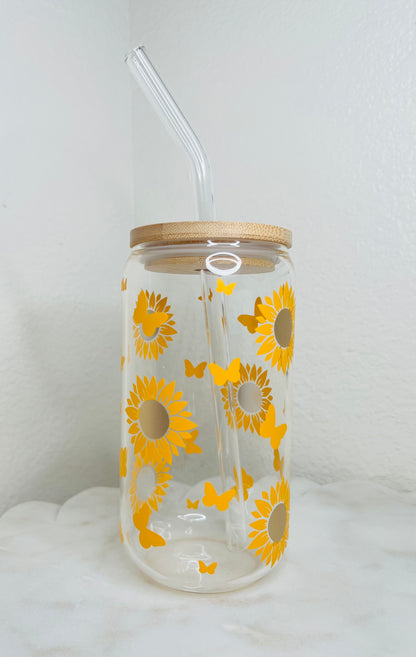 16 oz. Sunflower With Butterflies Glass Cup Set