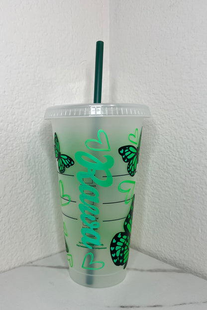 24 oz. Green Matte Opal Butterflies With Hearts Plastic Cup Set