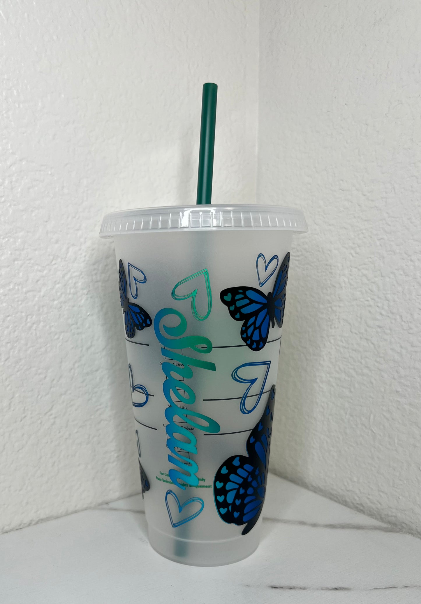 24 oz. Blue Matte Opal Butterflies With Hearts Plastic Cup Set