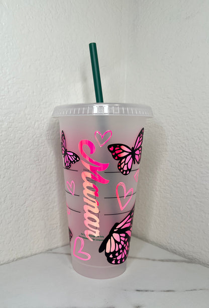 24 oz. Pink Holographic Butterflies With Hearts Plastic Cup Set