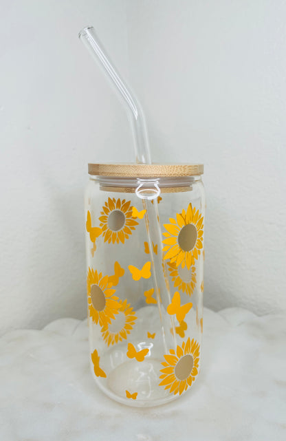 16 oz. Sunflower With Butterflies Glass Cup Set