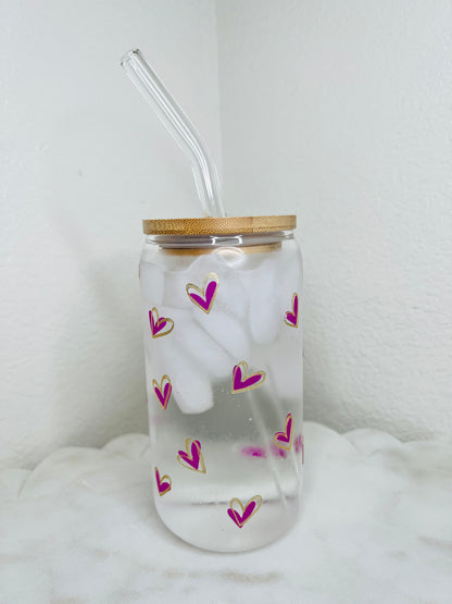 16 oz. Cold Color Changing Hearts With Shimmer Outline Glass Cup Set