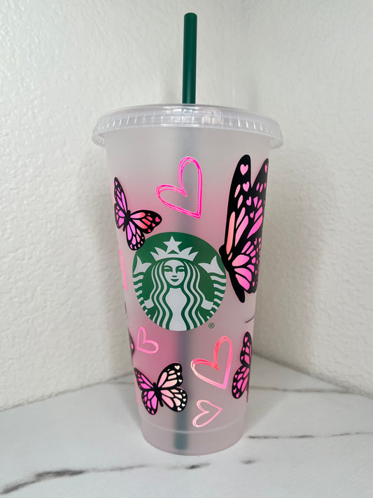 24 oz. Pink Holographic Butterflies With Hearts Plastic Cup Set