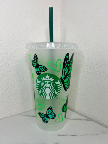 24 oz. Green Matte Opal Butterflies With Hearts Plastic Cup Set