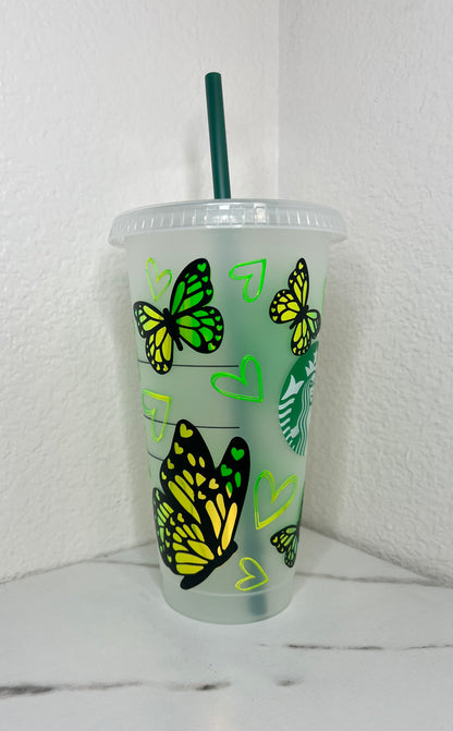 24 oz. Yellow Holographic Butterflies With Hearts Plastic Cup Set