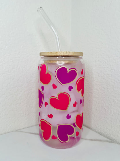 16 oz. Cold Color Changing Hearts With Gold Outline Glass Cup Set