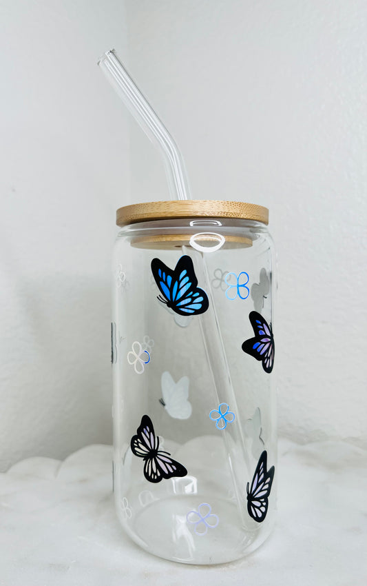 16 oz. Holographic Butterfly With Pattern Glass Cup Set