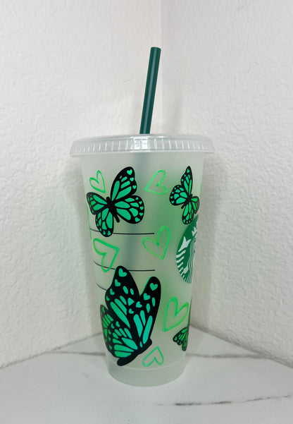 24 oz. Green Matte Opal Butterflies With Hearts Plastic Cup Set