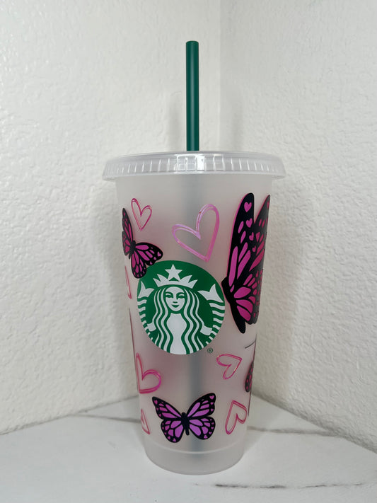 24 oz. Fuchsia Matte Opal Butterflies With Hearts Plastic Cup Set