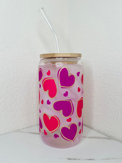 16 oz. Cold Color Changing Hearts With Gold Outline Glass Cup Set