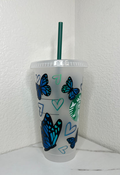 24 oz. Blue Matte Opal Butterflies With Hearts Plastic Cup Set