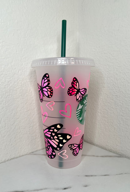 24 oz. Pink Holographic Butterflies With Hearts Plastic Cup Set