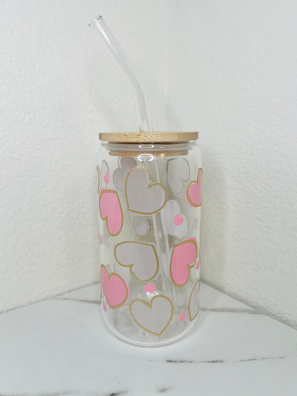 16 oz. Cold Color Changing Hearts With Gold Outline Glass Cup Set