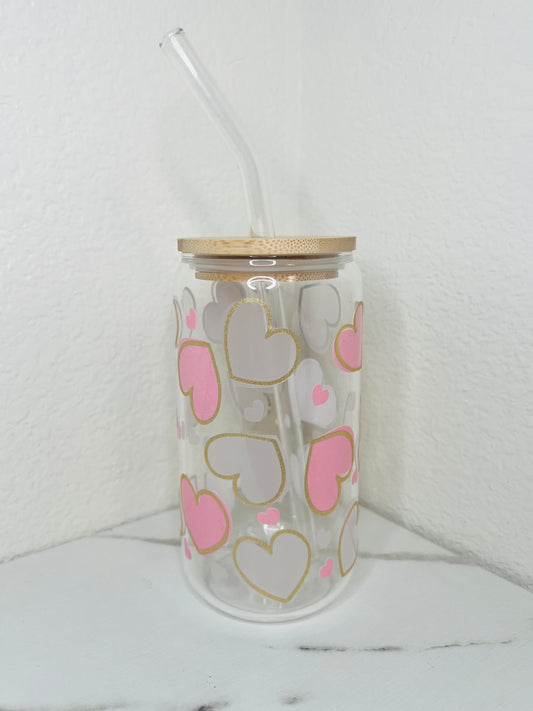 16 oz. Cold Color Changing Hearts With Gold Outline Glass Cup Set