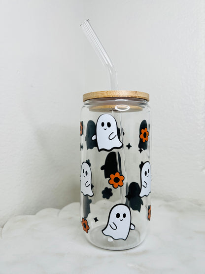 16 oz. Halloween Ghost with Flowers Glass Cup Set