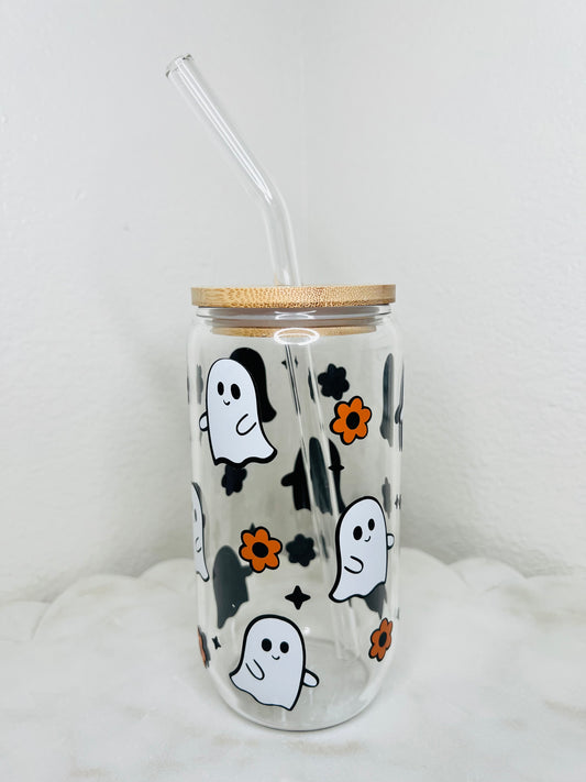 16 oz. Halloween Ghost with Flowers Glass Cup Set