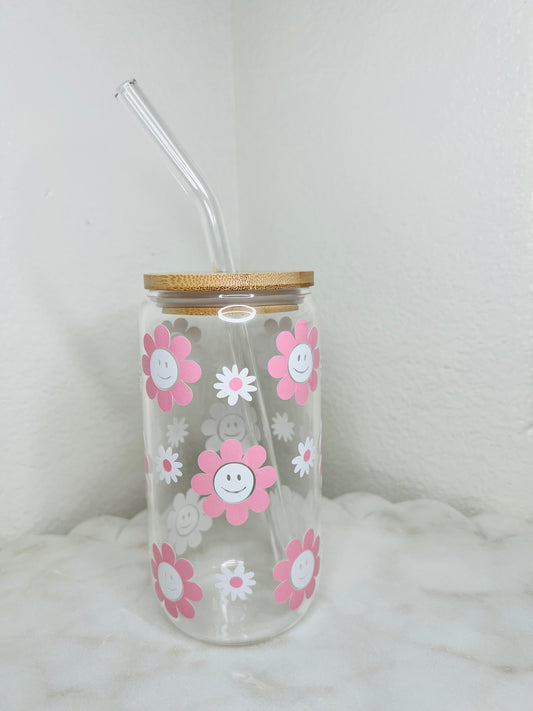 16 oz. Cold Color Changing White Flowers With Smiley Face Glass Cup Set