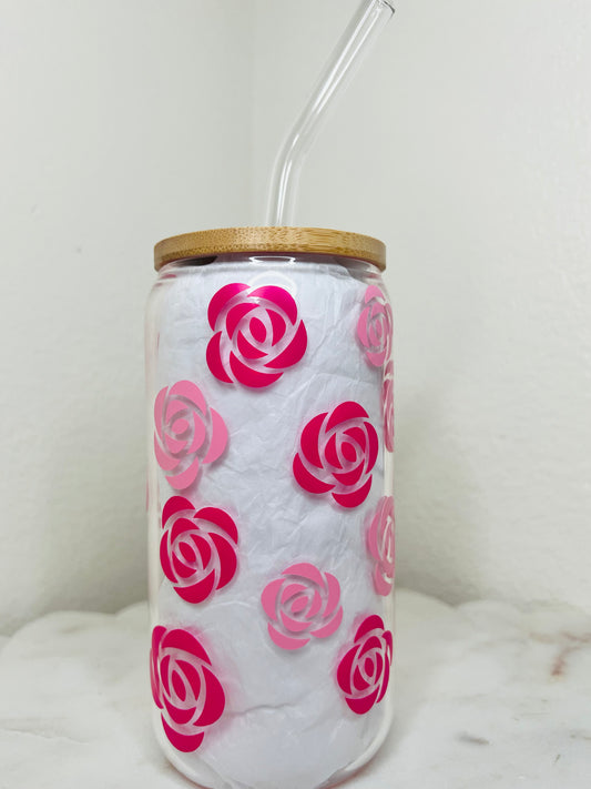 16 oz. Light and Dark Pink Roses Glass Cup Set