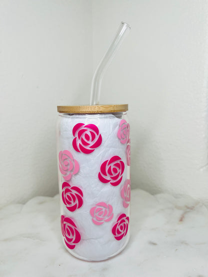 16 oz. Light and Dark Pink Roses Glass Cup Set