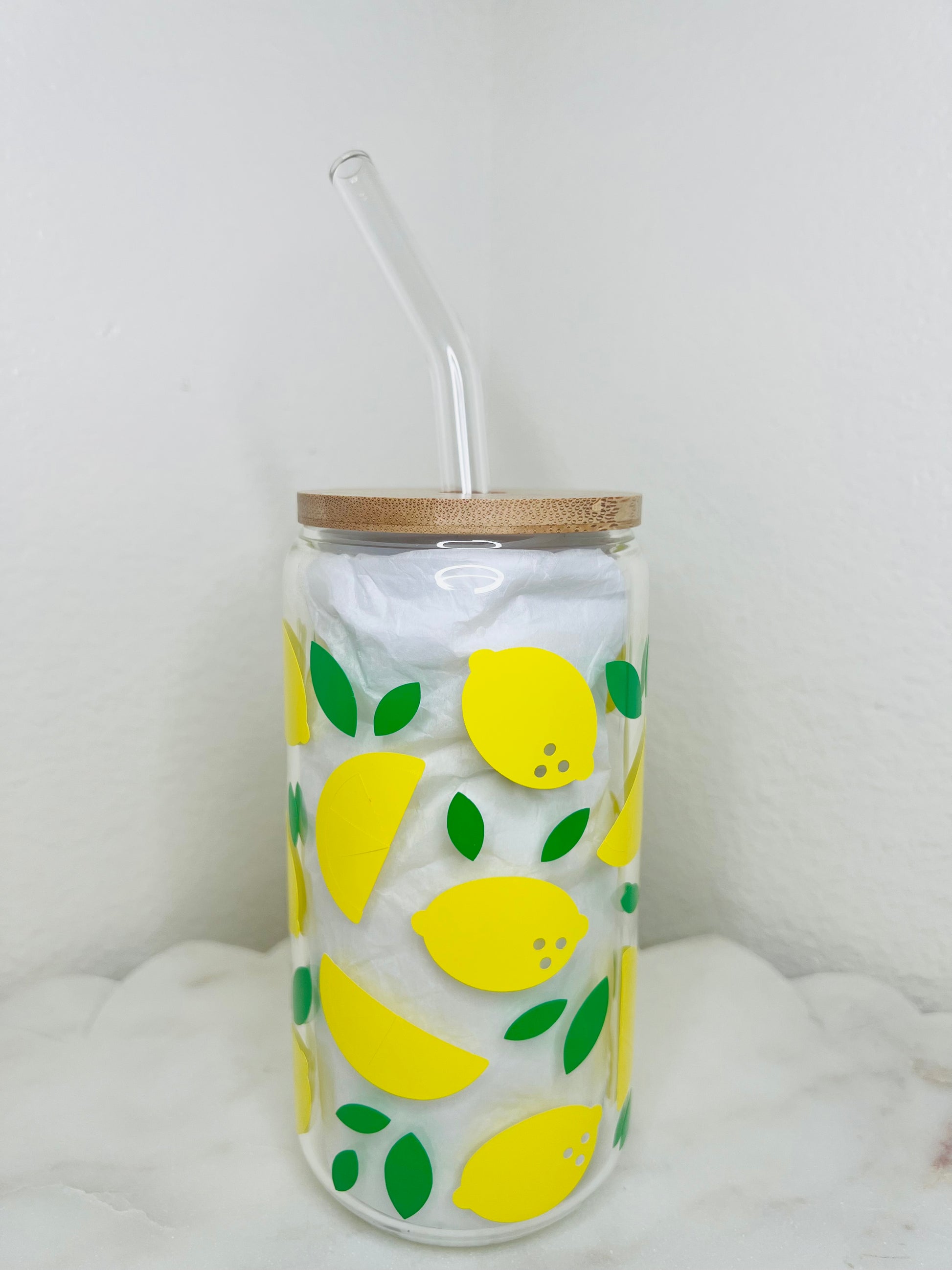 Lemon 16oz Glass Cup with Bamboo Lid