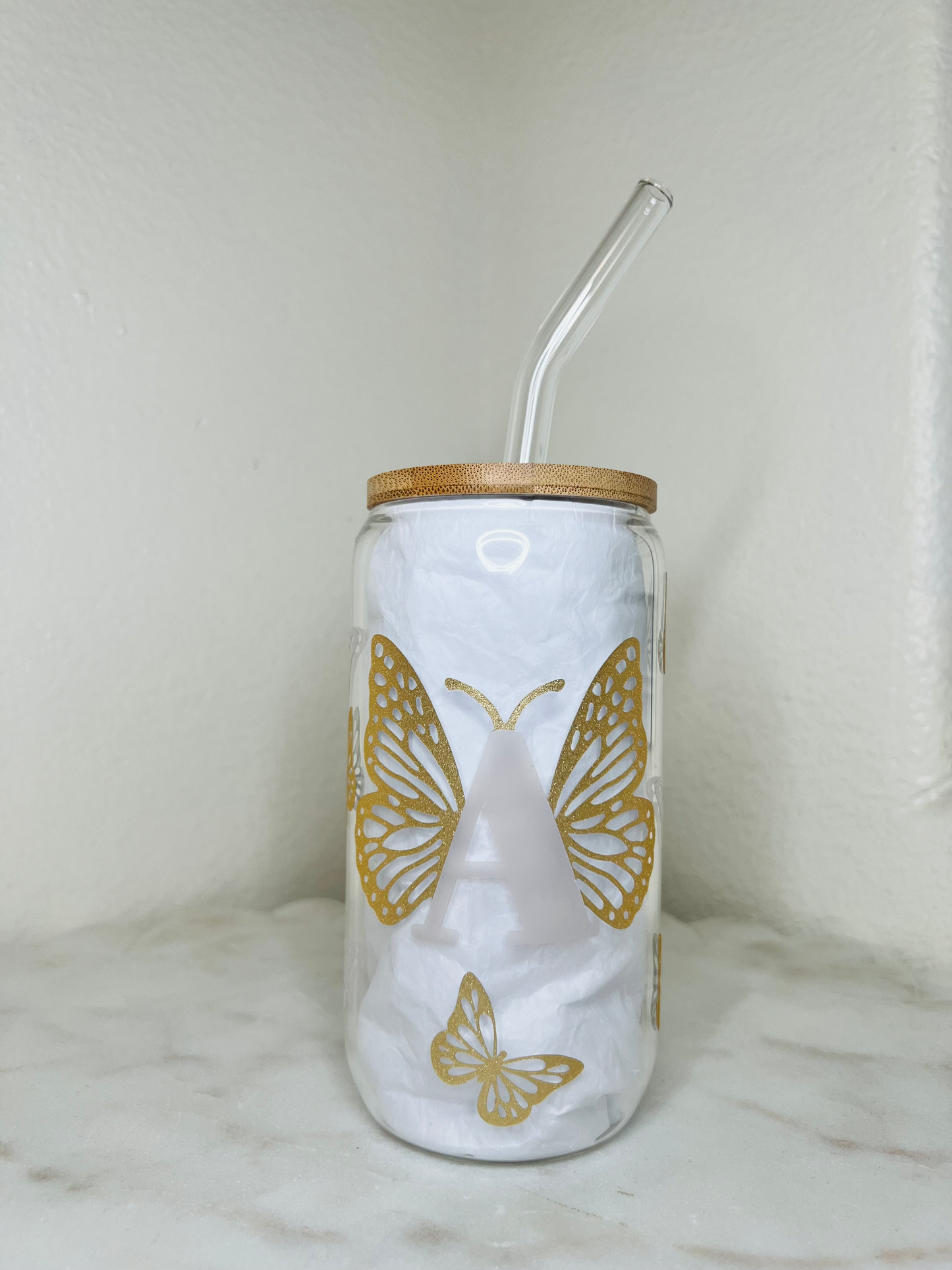 16 Oz. Personalized Butterfly Initial Glass Cup Set