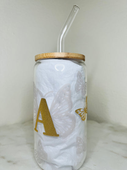 16 Oz. Personalized Butterfly Initial Glass Cup Set