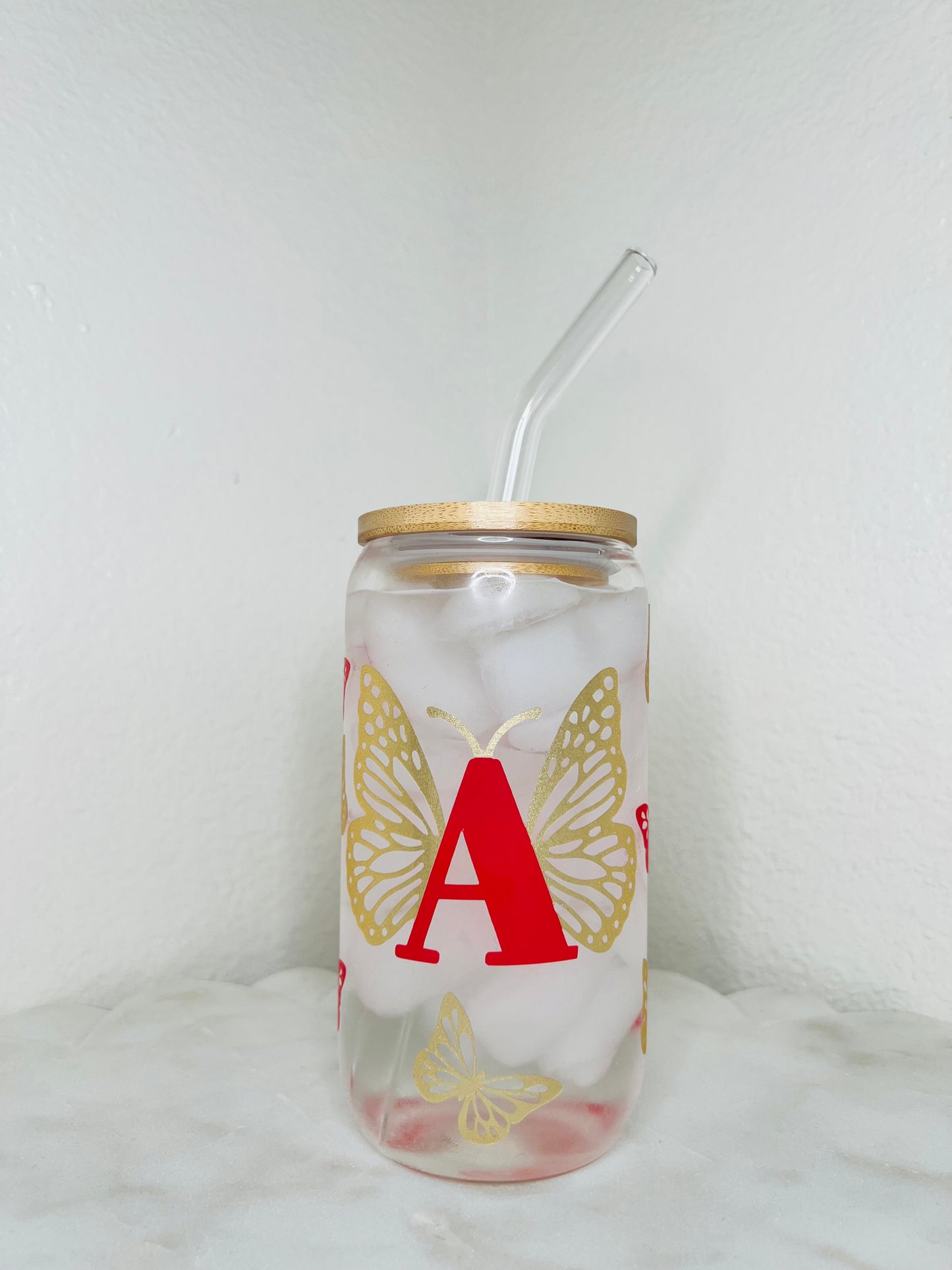 16 Oz. Personalized Butterfly Initial Glass Cup Set