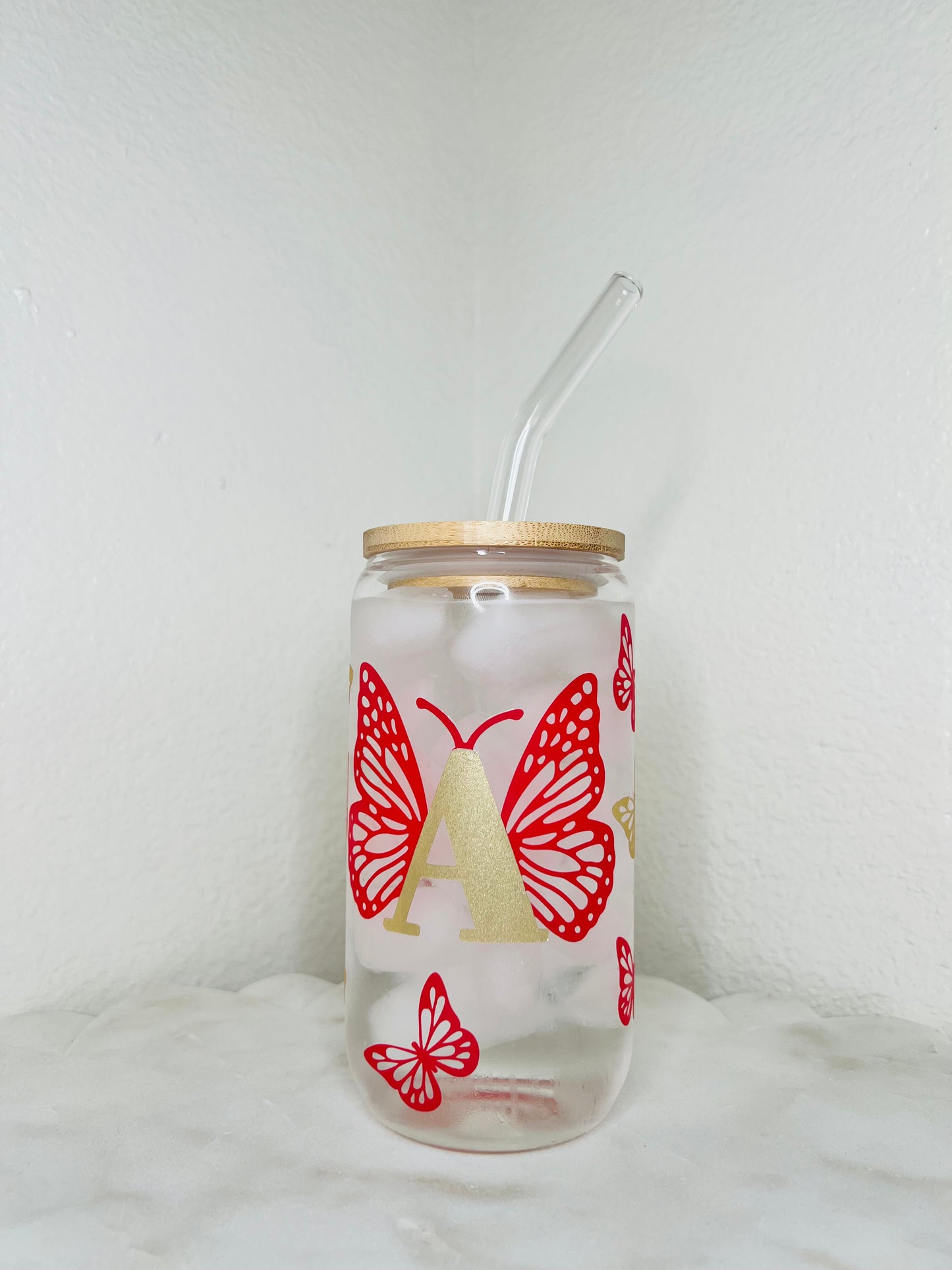 16 Oz. Personalized Butterfly Initial Glass Cup Set