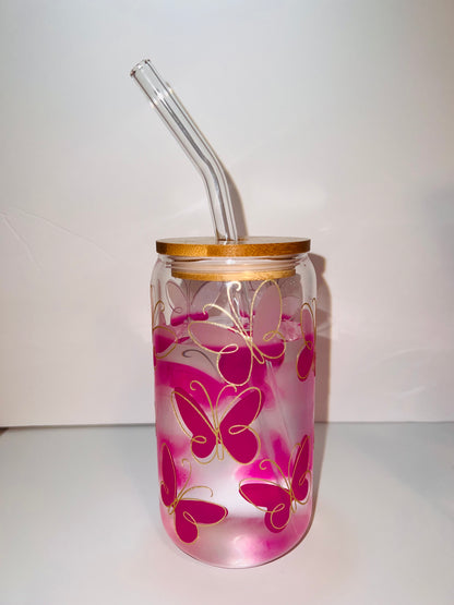 16 oz. Cold Color Changing Butterflies With Shimmer Outline Glass Cup Set