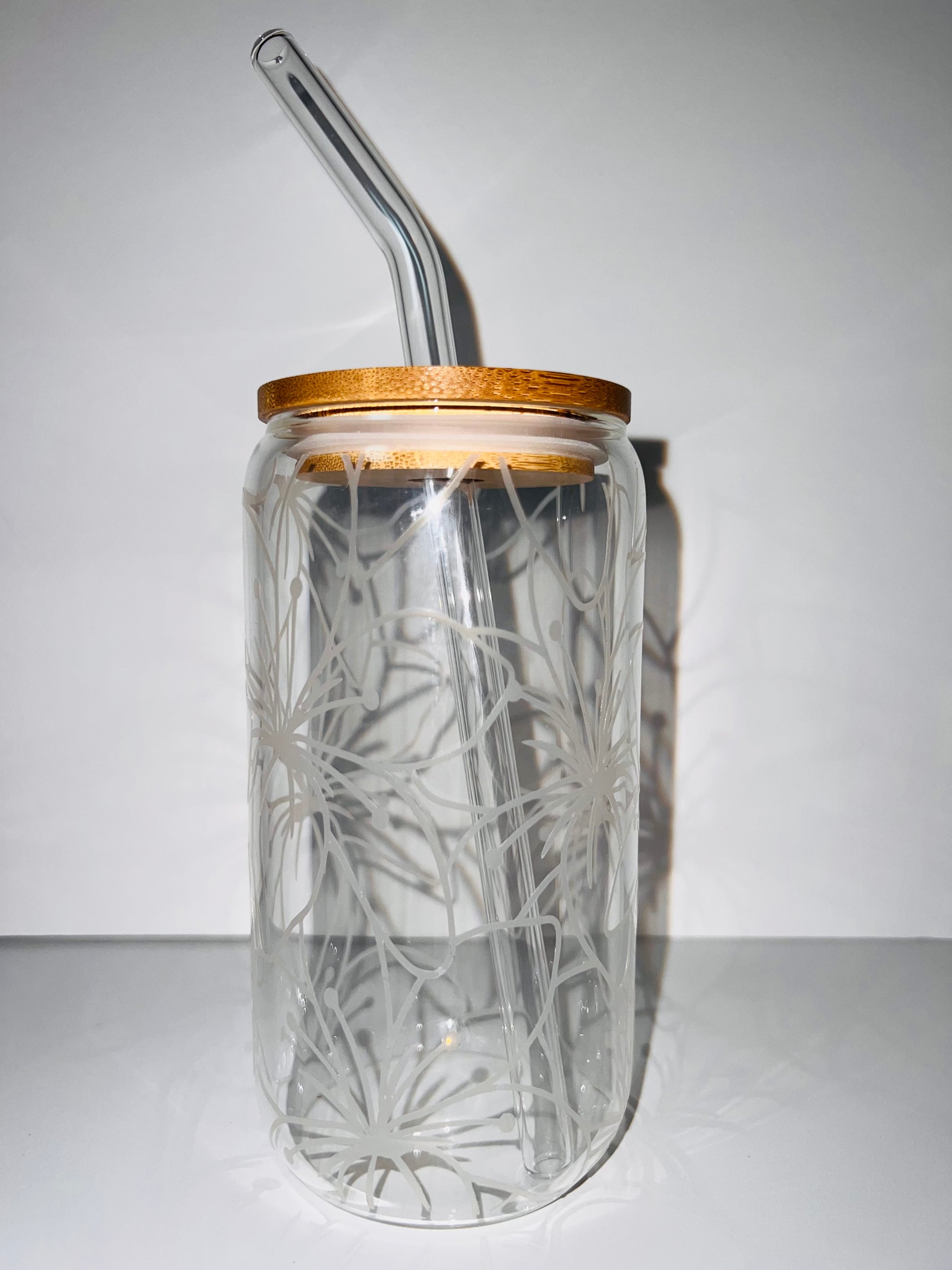 Floral 16 oz Glass Cup with Bamboo Lid