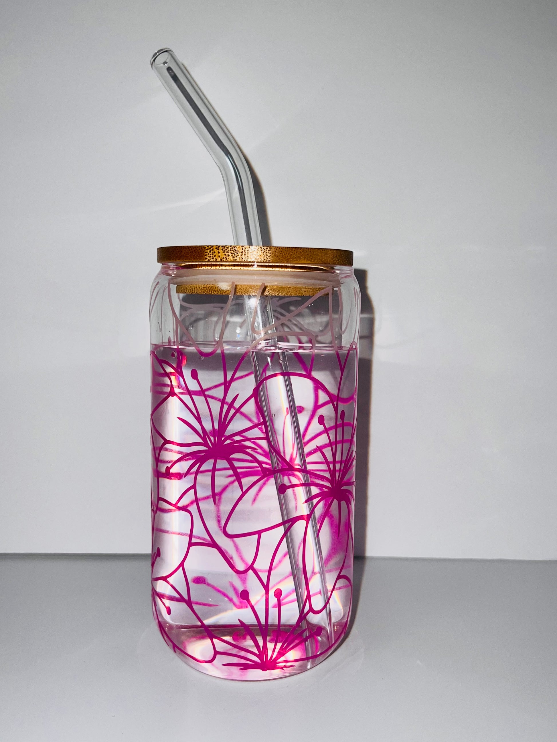 Pink Flowers Glass Cup | Bamboo Lid & Glass Straw Included